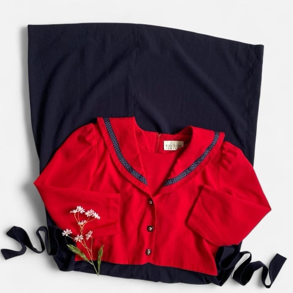 Vintage navy & red collared long sleeve dress